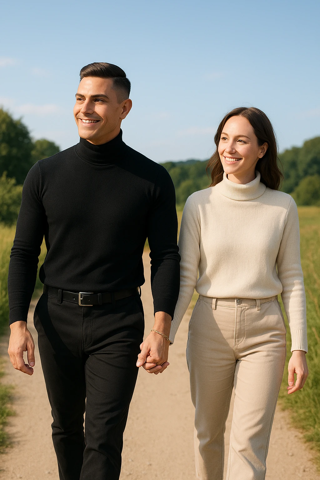 a couple walks together along a path, the man gently leading the way while the woman follows with trust and a smile. Both appear confident and content, symbolizing partnership and mutual respect. The background is a bright, open landscape, evoking a sense of shared journey and harmony. emoji