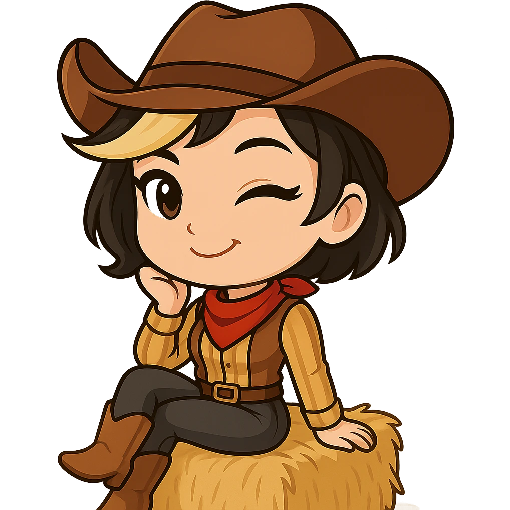 Sexy chibi cowgirl with short hair and a blonde streak, wearing a cowboy hat and western outfit, no guns. Chibi/anime style, transparent background, sized for Twitch or Discord use. Pose: sitting on a hay bale, legs crossed, playful wink and smile. emoji