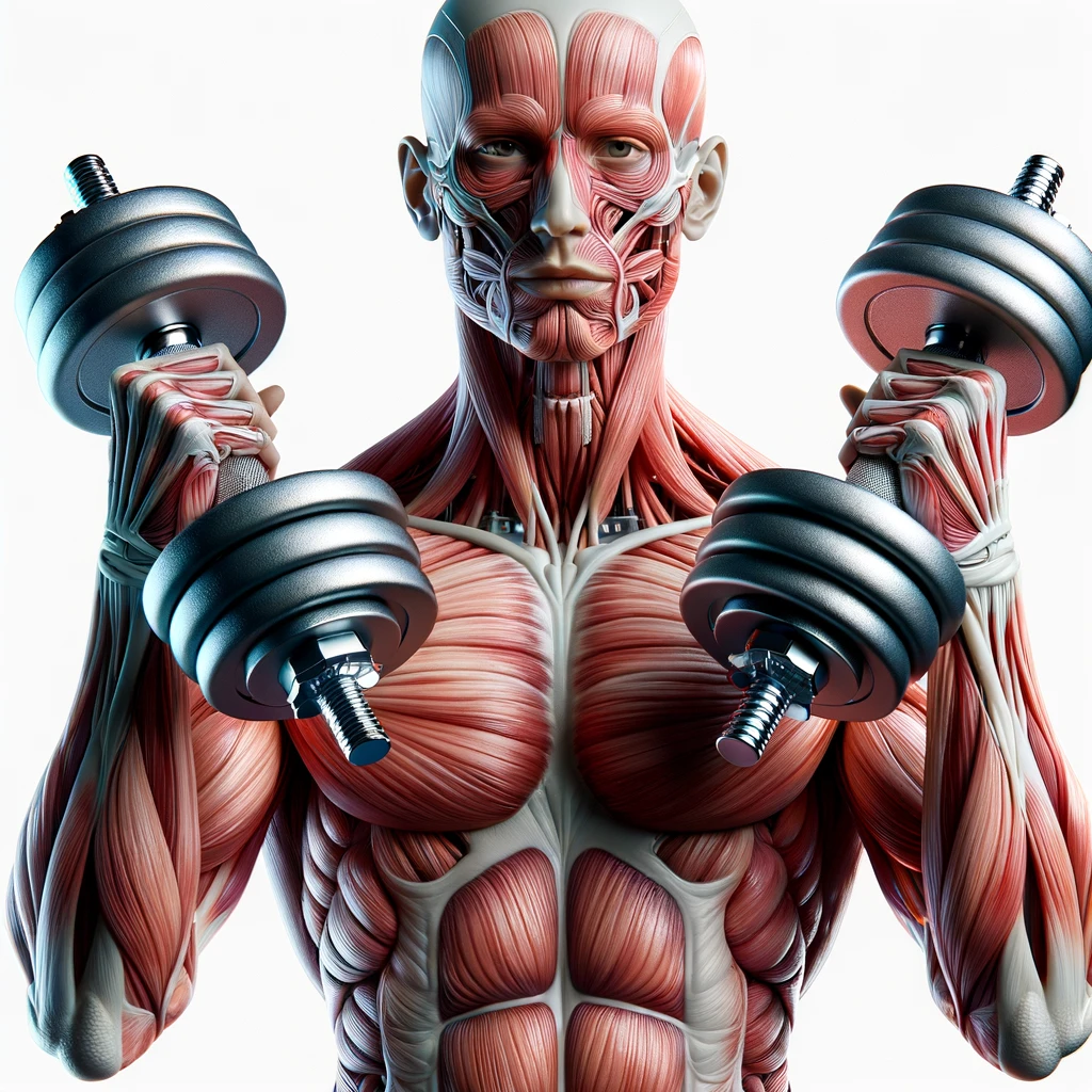 corpo umano anatomico con manubri da palestra in mano, iperrealistico 4k, isolato su sfondo bianco emoji