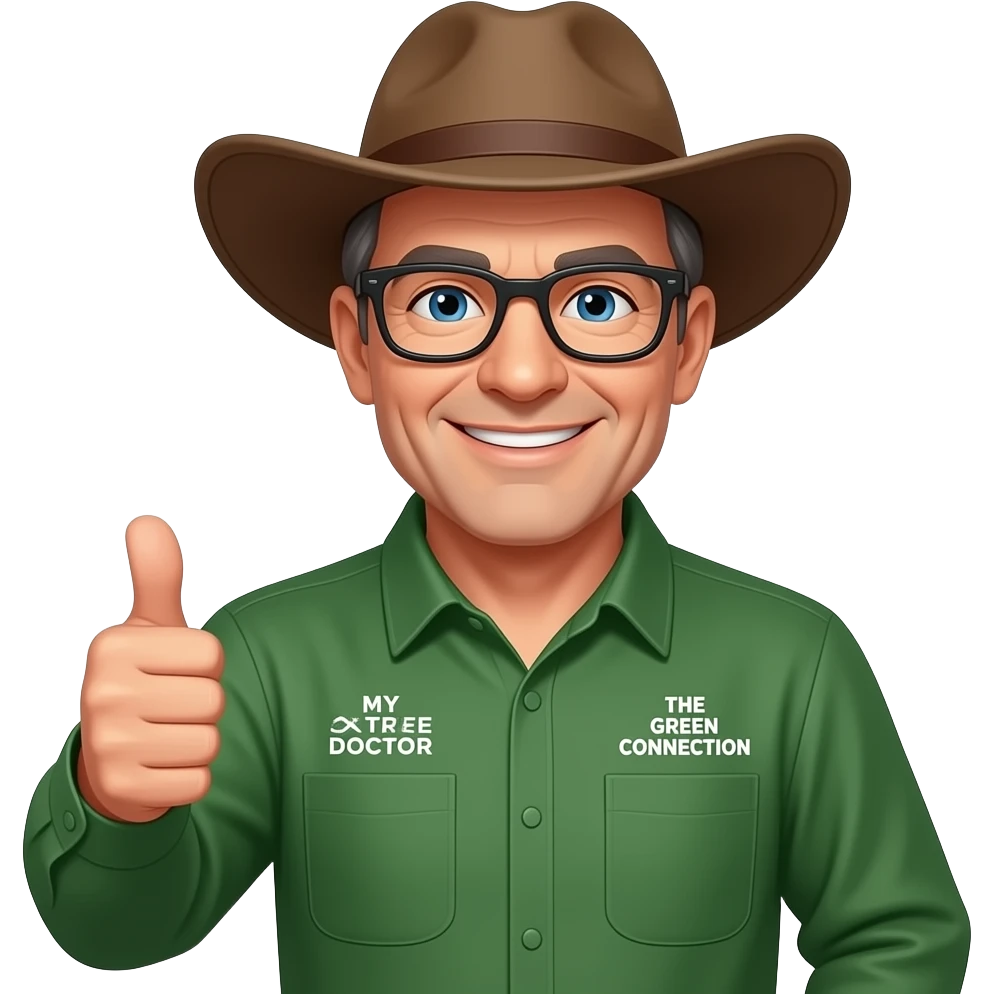 wide-smiling middle-aged man blue eyes. Dark rectangle glasses, green-collared, long-sleeve shirt, thumbs up.  Wide-brim brown Australian Akubru hat.  Insert 'THE GREEN CONNECTION' in white directly onto the right side pocket & 'MY TREE DOCTOR' onto the left side pocket emoji
