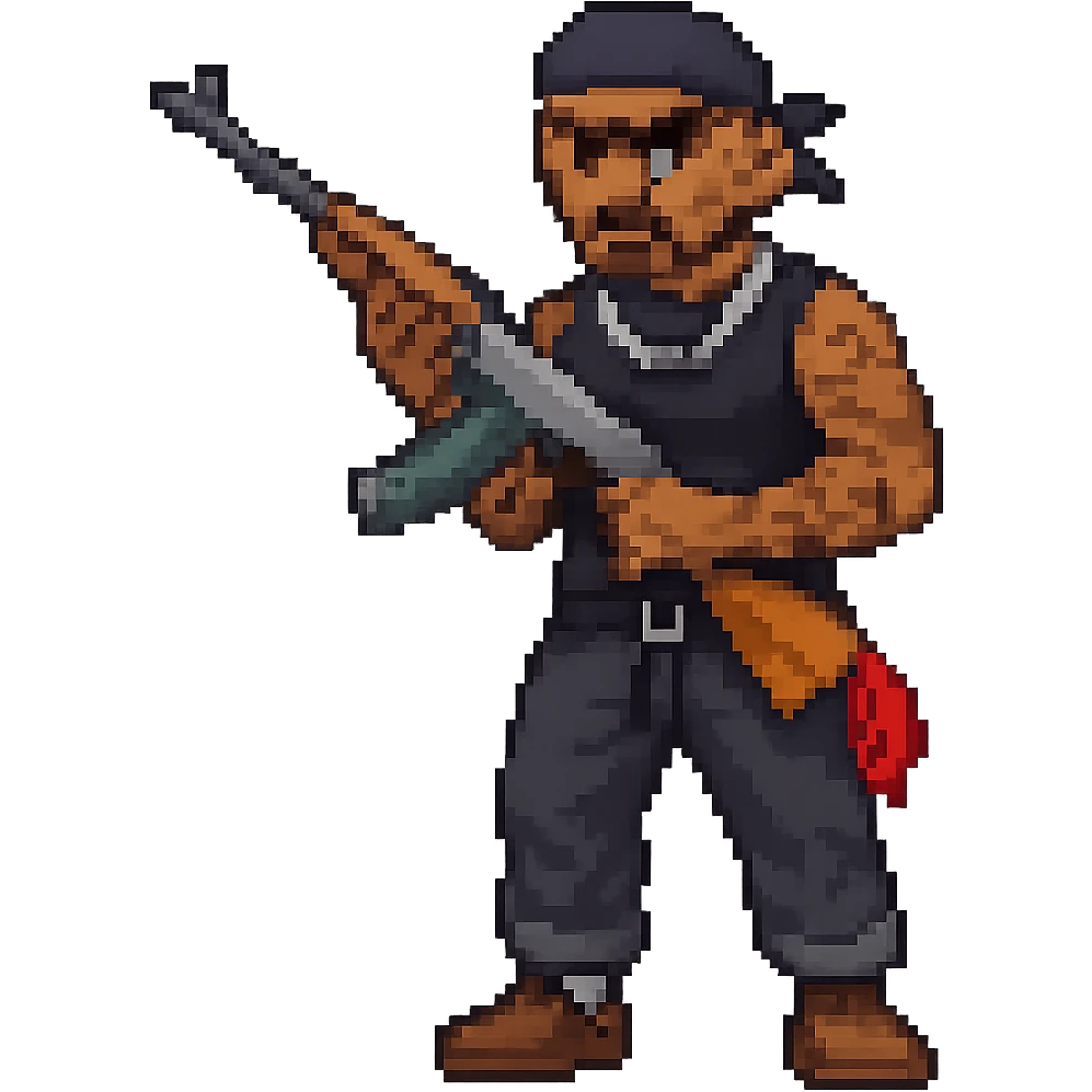 Make the person look like a gang member with visible tattoos and a tough expression, same pixel art style, no background. Please create in pixel art style. emoji