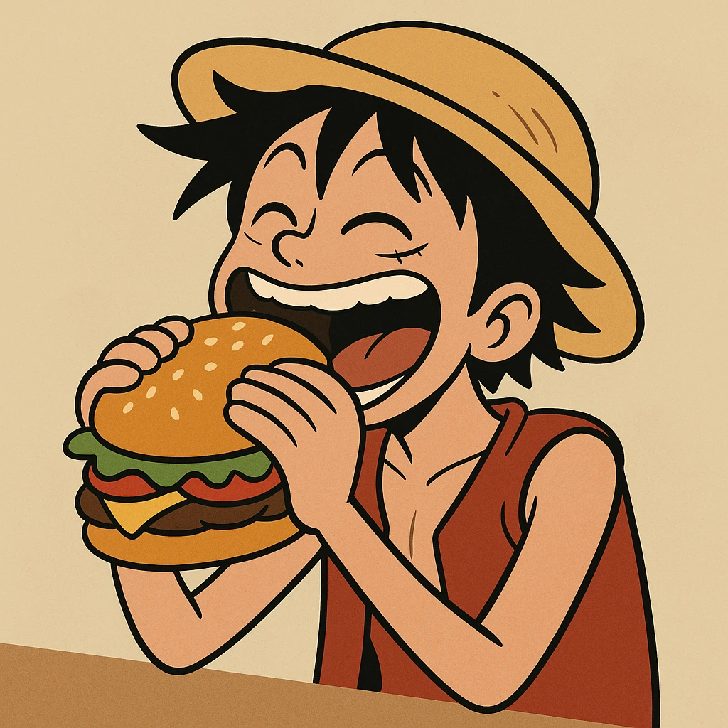 Luffy enjoying a big burger, cartoon style, fun and expressive emoji