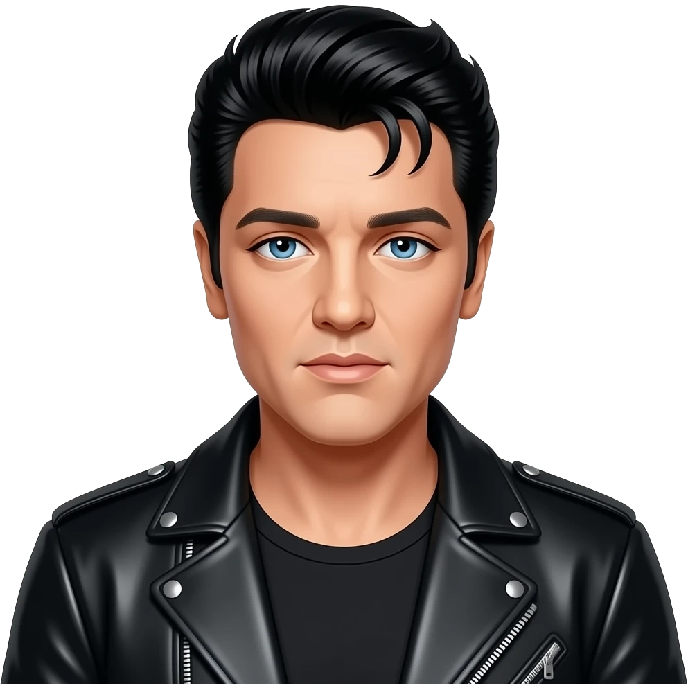 Elvis Presley with blue eyes, black hair, black sleeveless shirt, black metallic jacket emoji