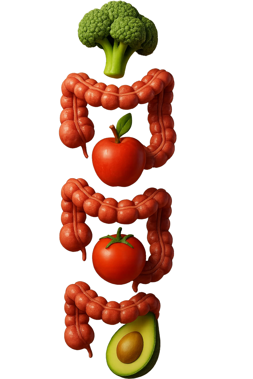 emoji stile iphone in 3d di cibo sano che fluttua in aria vericalmente insieme ùa pezzi di colon umano anatomico, iperrealistico 4k emoji