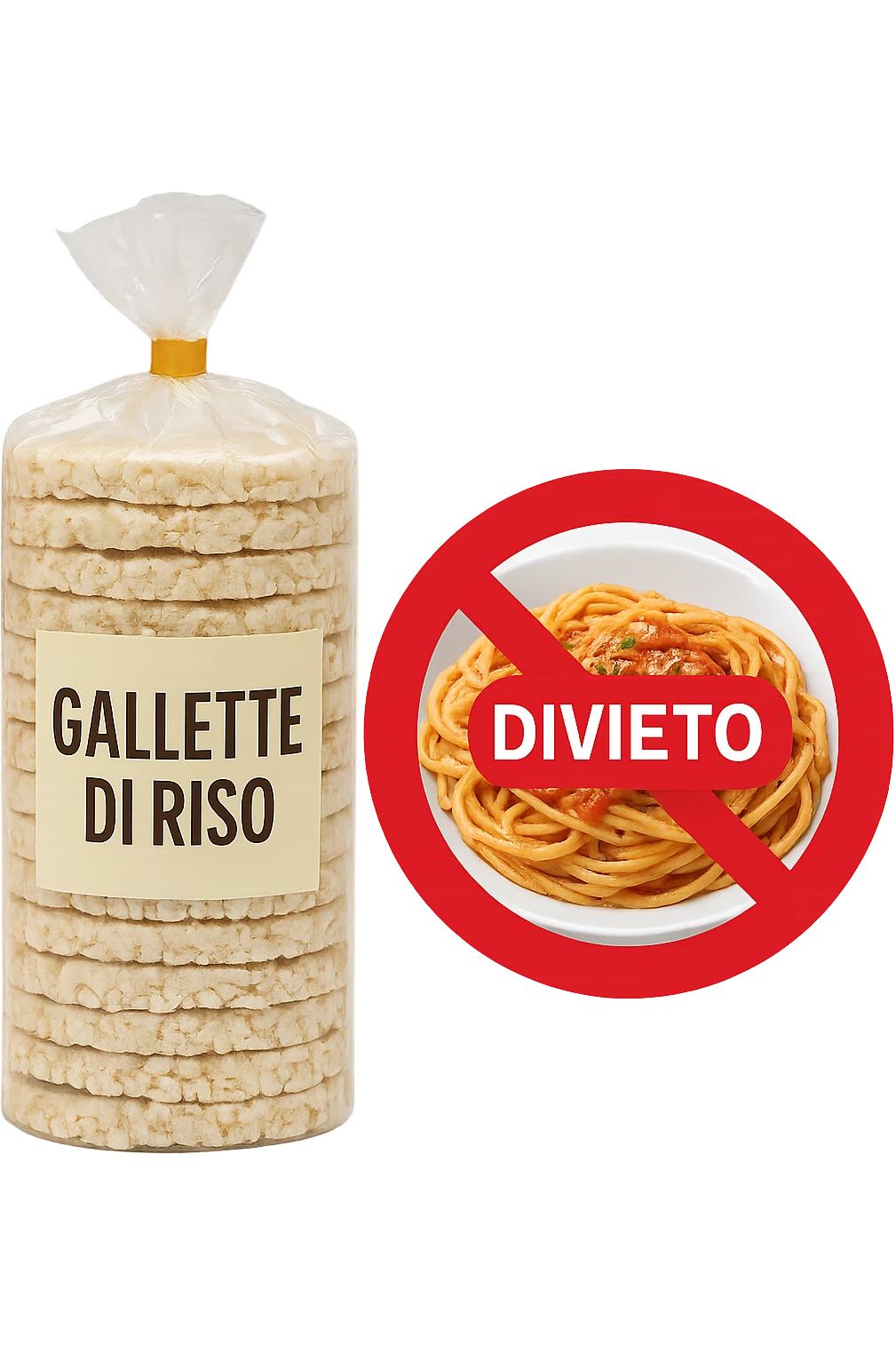 confezione di gallette di riso con accanto un piatto di pasta con divieto sopra, in italiano,  realistici emoji