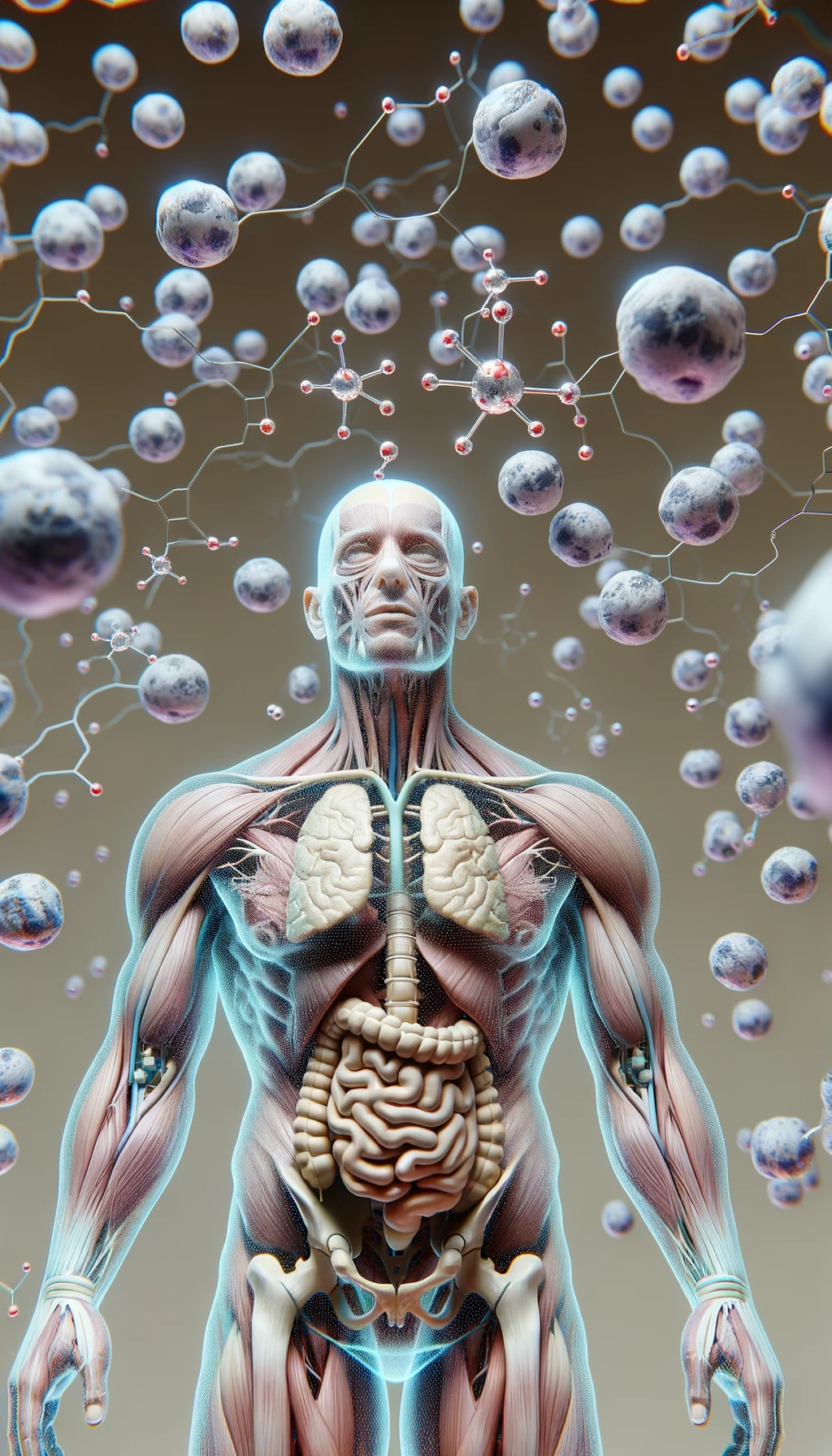 corpo umano anatomico circondato da molecole di dopamina che fluttuano in aria, iperrealistico 4k emoji