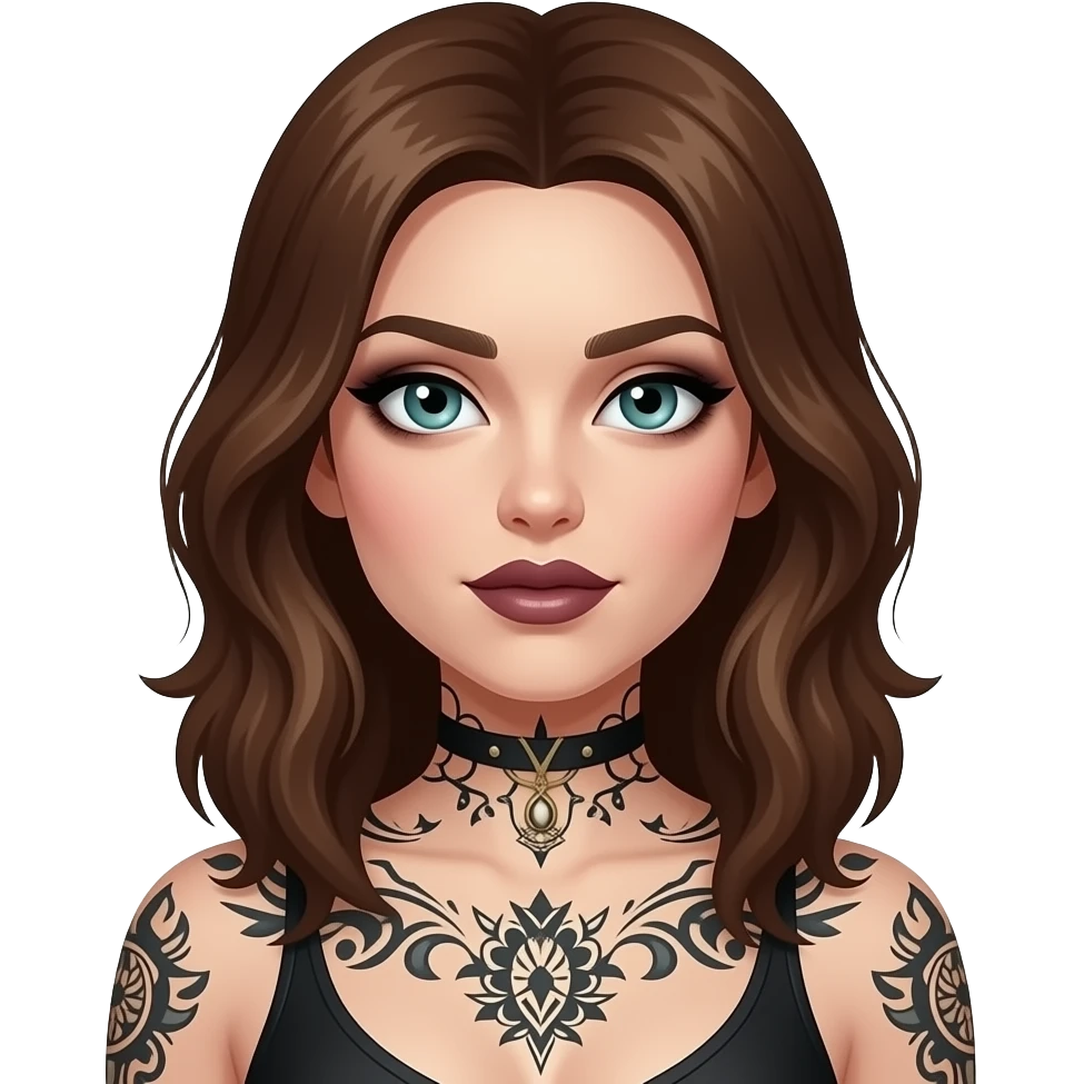 Green eyed pale white woman with brown hair and dark feminine makeup and body tattoos emoji