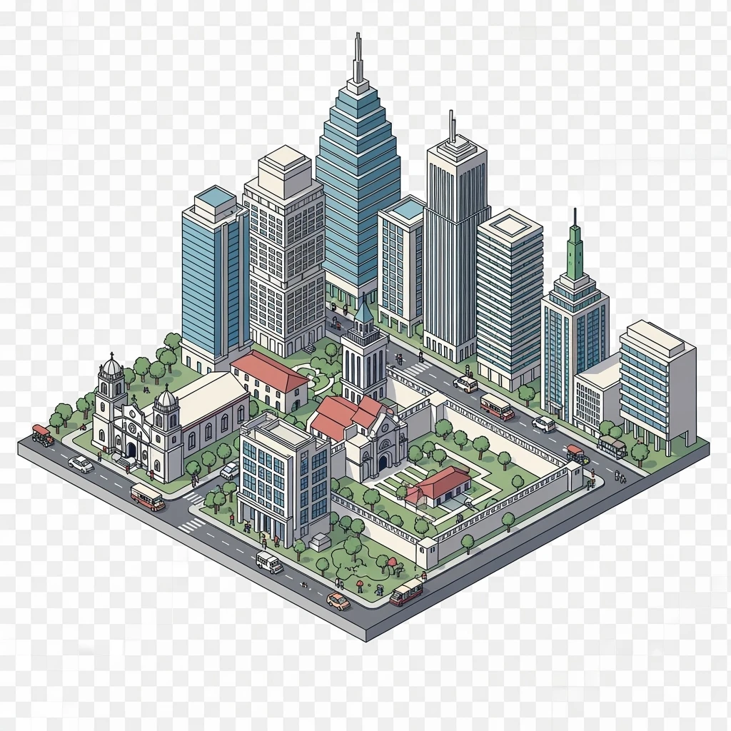 Isometric minimalistic illustration of Manila, subtle 3D miniature effect and Tilt Shift effect, no cartoonish look, transparent background. emoji