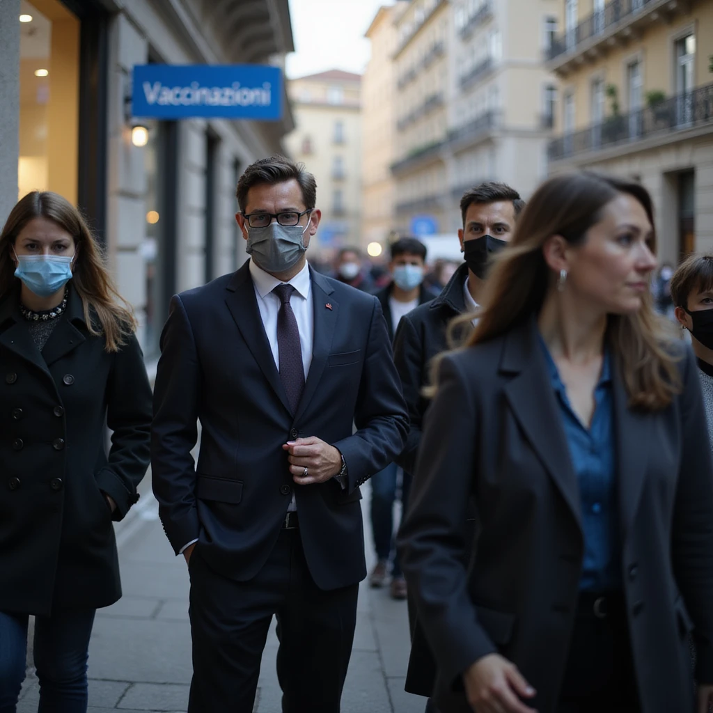 photo-realistic documentary style, group of people in business attire in line at a city vaccination center, some masked, clear 'Vaccinazioni' sign, urban background, soft light, 4K resolution emoji