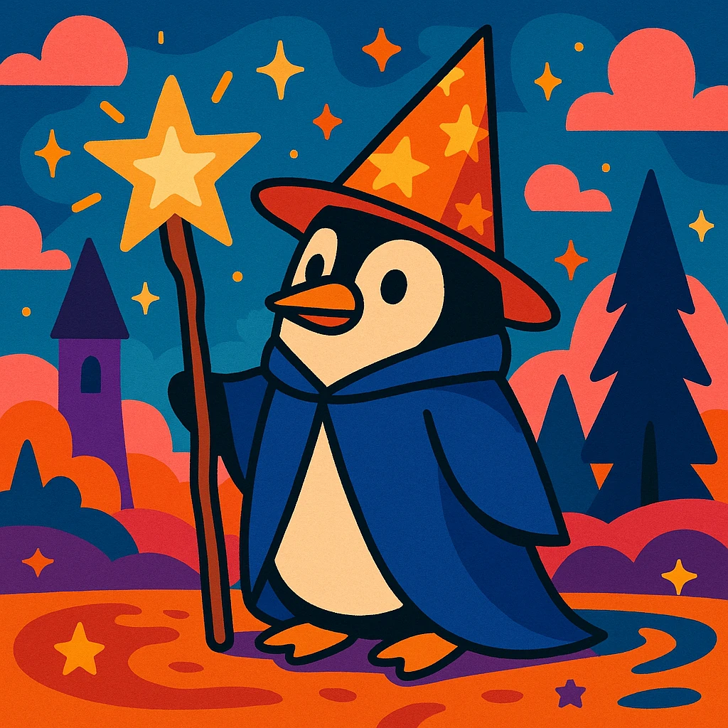 a penguin dressed as a wizard, wearing a pointed hat and holding a magic staff, in a magical setting, vibrant and whimsical style emoji