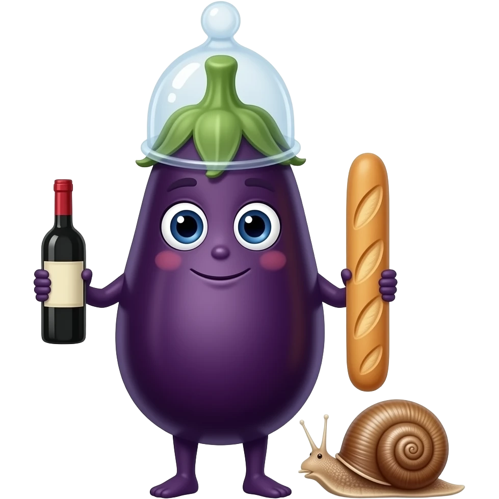 Aubergine ave un preservatif sur la tete et tenant une petite bouteille de vin dans une main et une baguette dans l'autre. Un bigorneau plus haut que le preservatif emoji