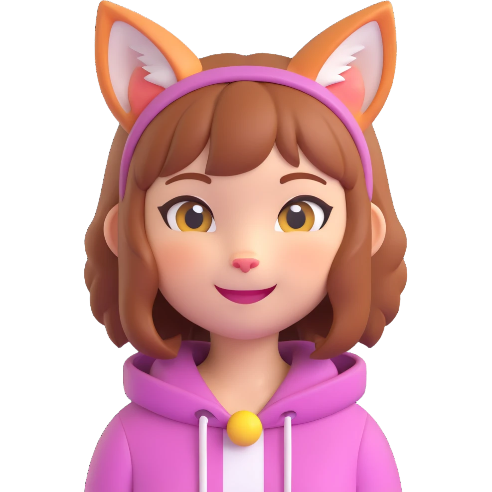 cat girl, 3D emoji style, round face, cat ears, cheerful expression, minimal details emoji