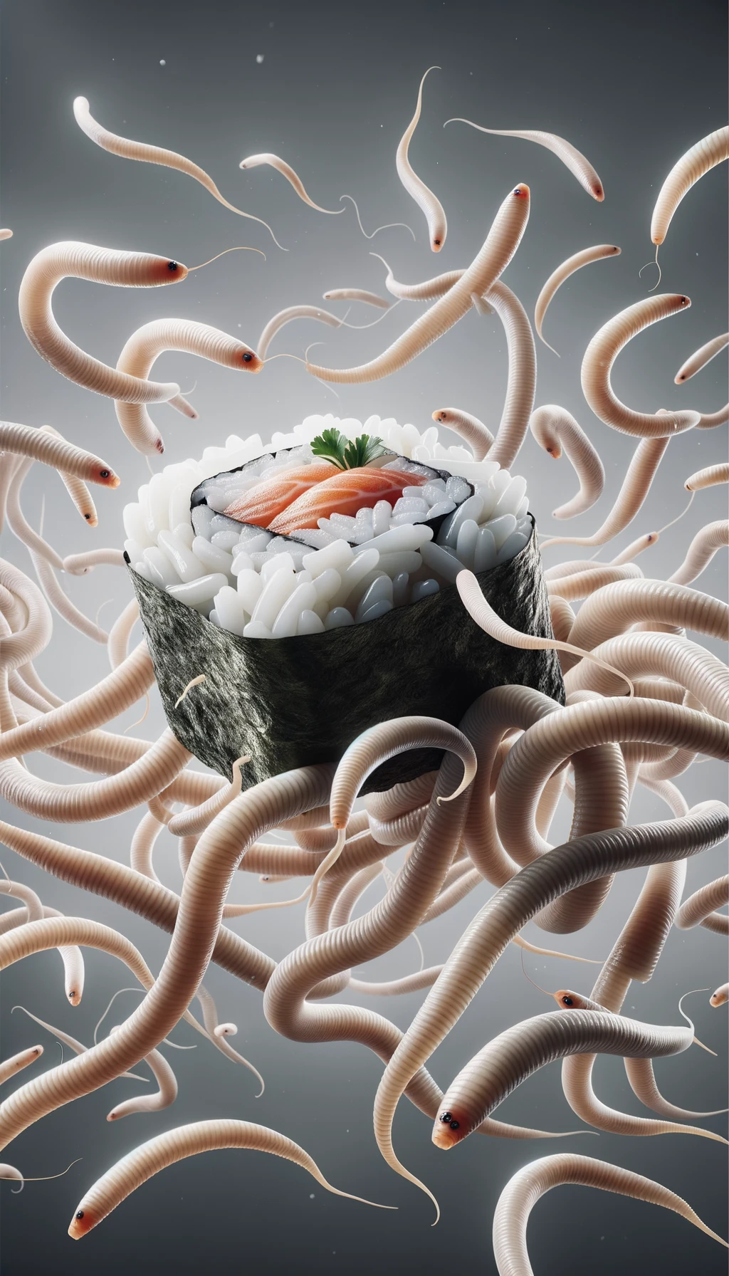sushi crudo fluttua in aria insieme a dei lunghi vermi beige chiaro, iperrealistico 4k emoji