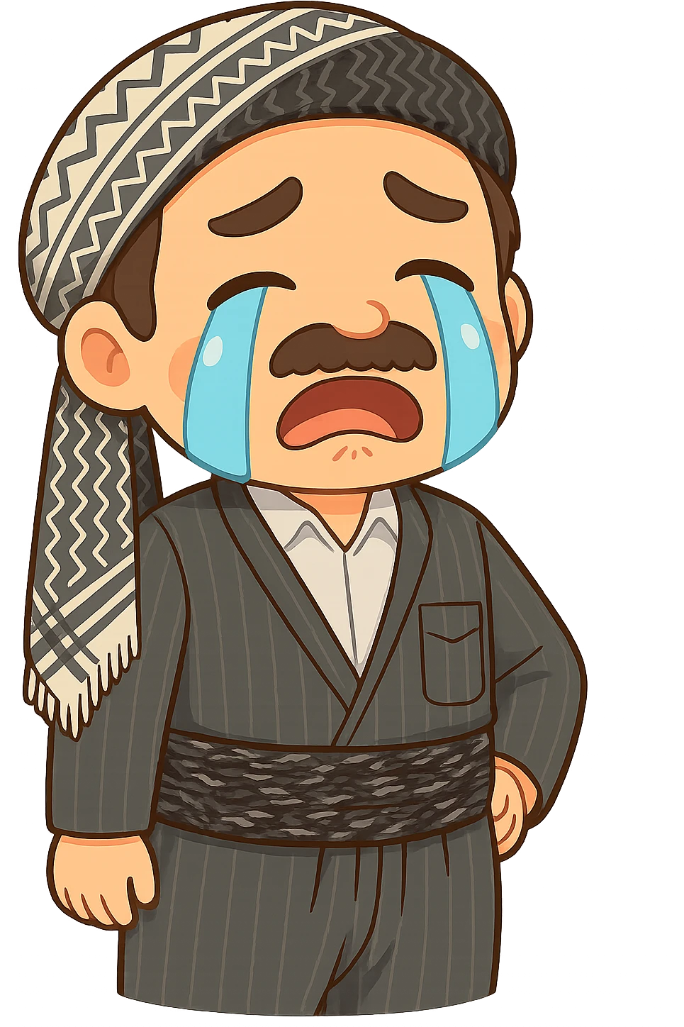 Cartoon Kurdish man sticker with the same clothes and scarf as the reference image (no changes to clothes and scarf), sad face with crying expression, colorful and cheerful style, no text, suitable for WhatsApp and Instagram, transparent background. emoji