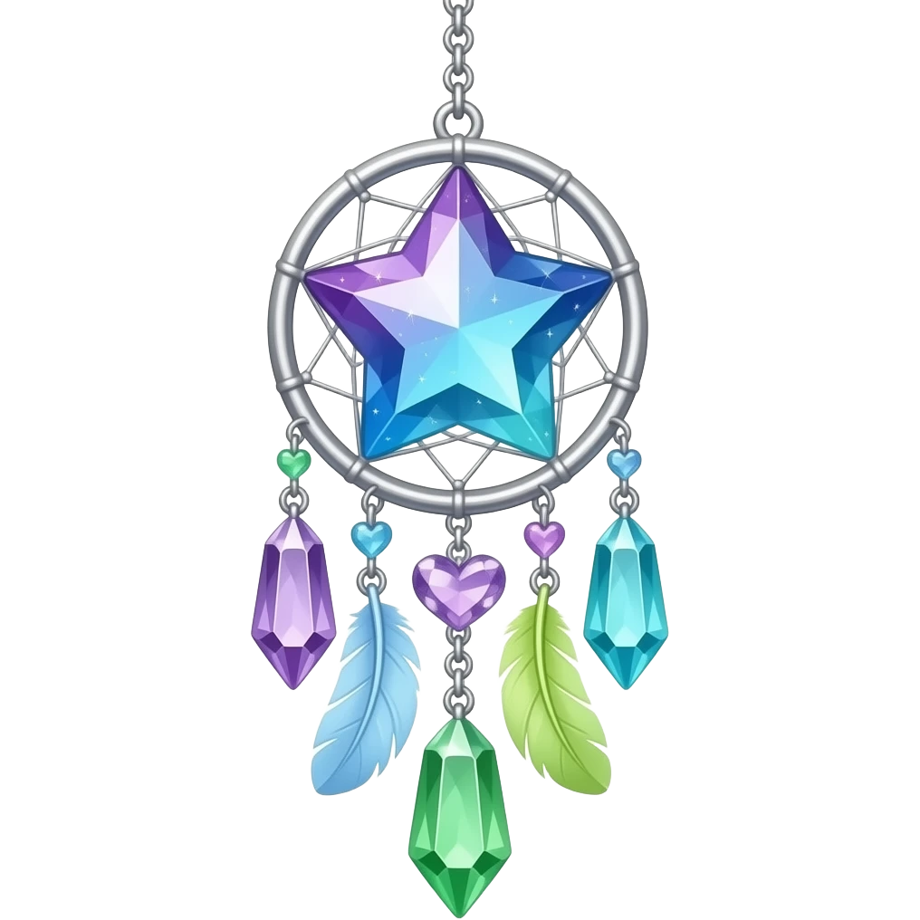 Starry shiny sparkly Purple-Blue-cyan-lime-green-gradients and silver cold-cool-colored romantic lush beautiful pretty hanging crystal-catcher aesthetic with hearts and sparkles and feathers emoji