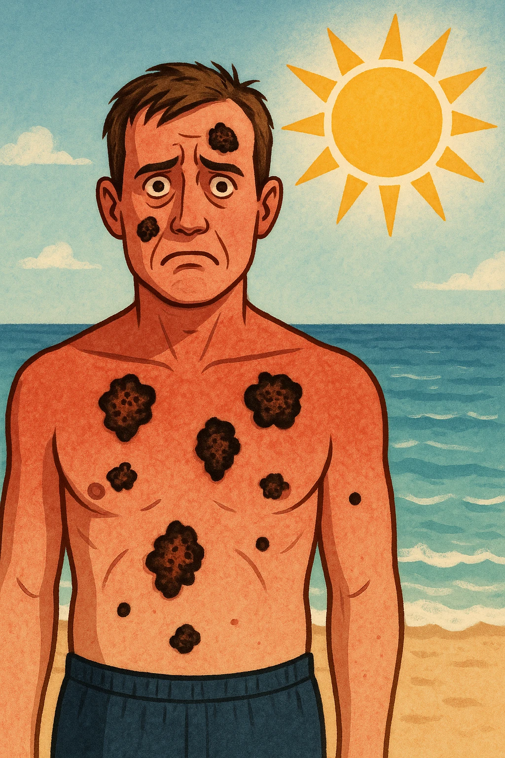 uomo bruciato a mare paura dei melanomi nel corpo emoji