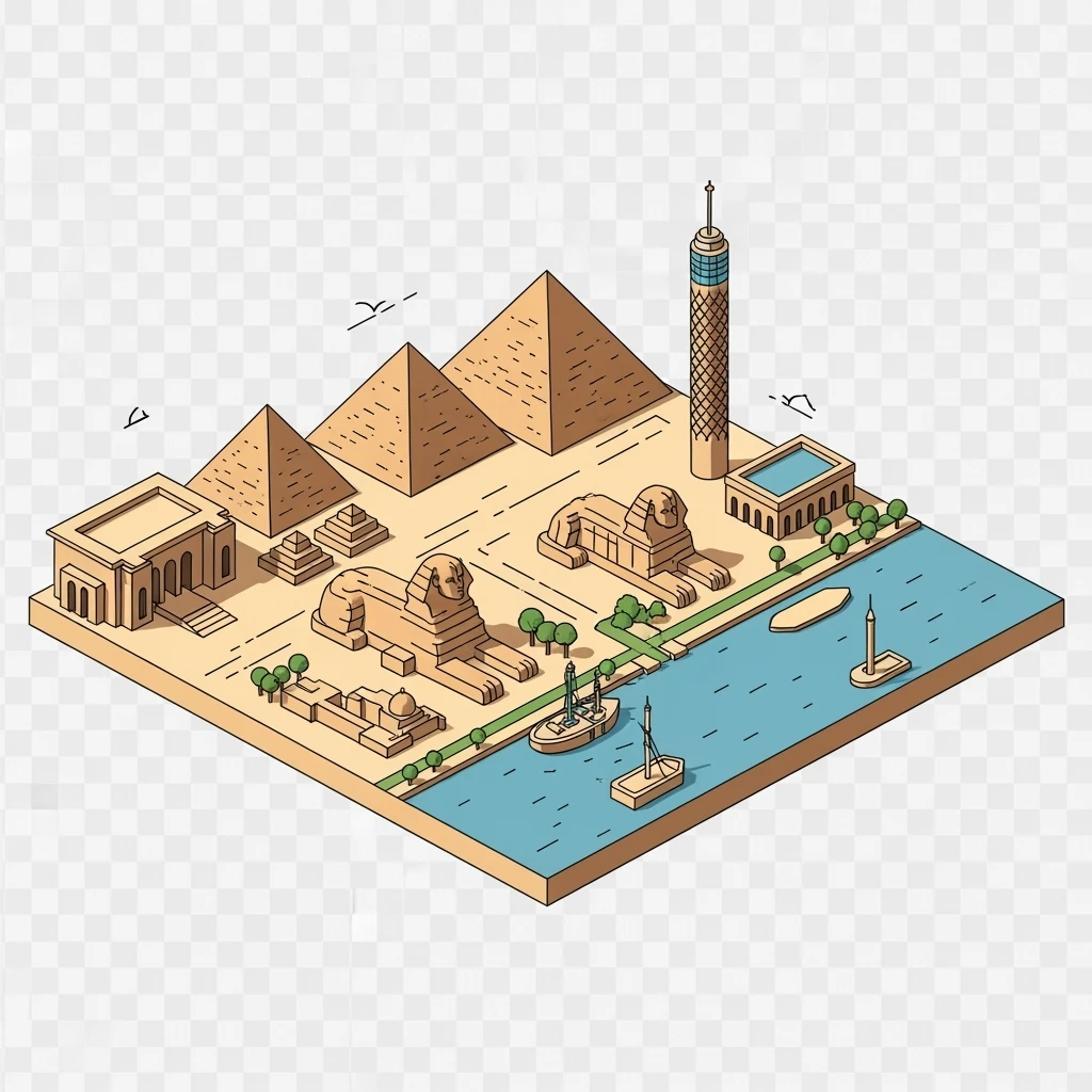 Isometric minimalistic illustration of Cairo – Pyramids of Giza, Sphinx, Cairo Tower, Nile riverbanks, subtle 3D miniature effect and Tilt Shift effect, no cartoonish look, transparent background. emoji