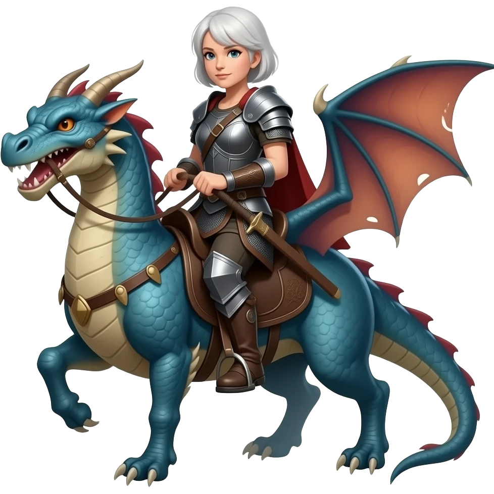 Short white hair older woman warrior riding dragon emoji