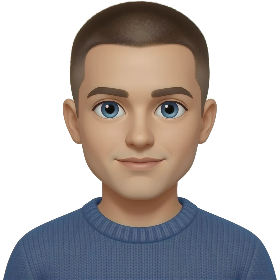 BW - young man, blue eyes, early 20s, light brown skin fade very short on top hair, blue jumper emoji