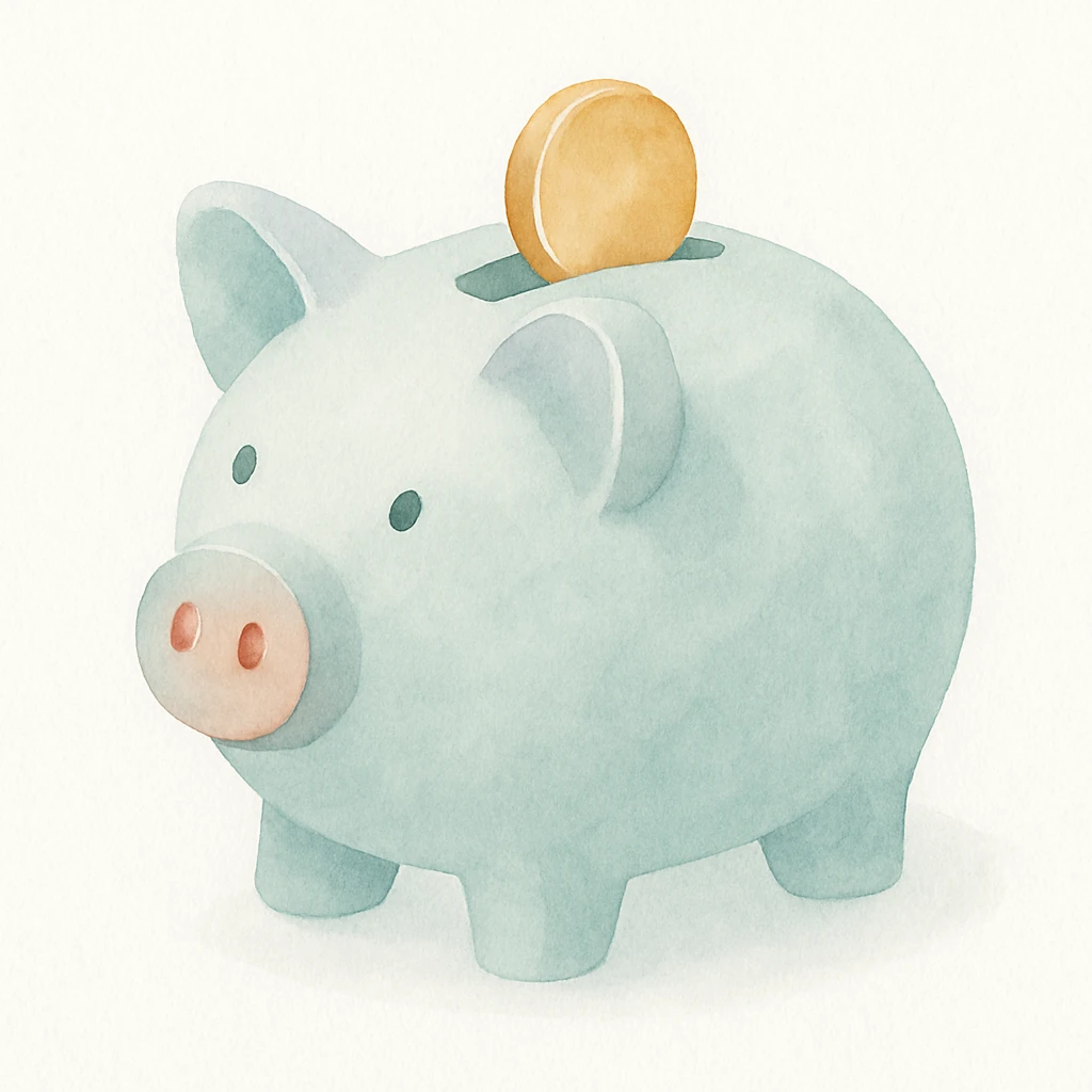 watercolor art style piggy bank with a coin emoji