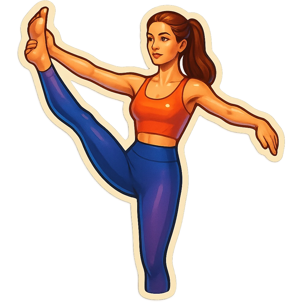 beautiful woman in a top and leggings performing one-legged balance pose (Utthita Hasta Padangusthasana), retro stickers style, detailed appearance, detailed facial features, shadows and highlights, clean contours, soft lighting, transparent background emoji