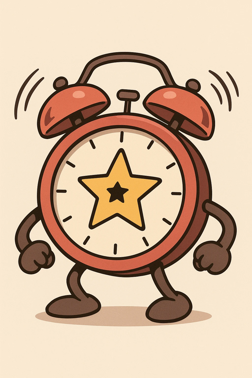 minimal flat vector of a red alarm clock with twin bells, bold star logo in the center, clean lines, soft shadows, ringing motion lines, light background emoji