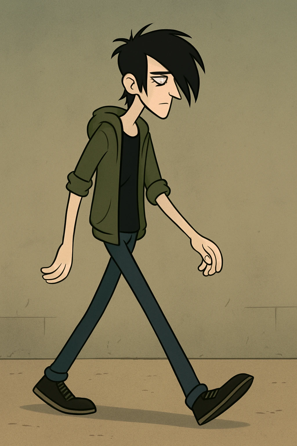 tall thin man with emo hairstyle walking in a simple neutral setting, casual clothes, stylized, flat toon style, moody vibe emoji