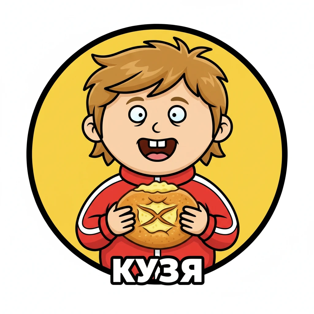 Виталий Гогунский (Кузя) из сериала "Универ" держит в руках картофельную ватрушку и тупо улыбается

Стиль - emoji  emoji