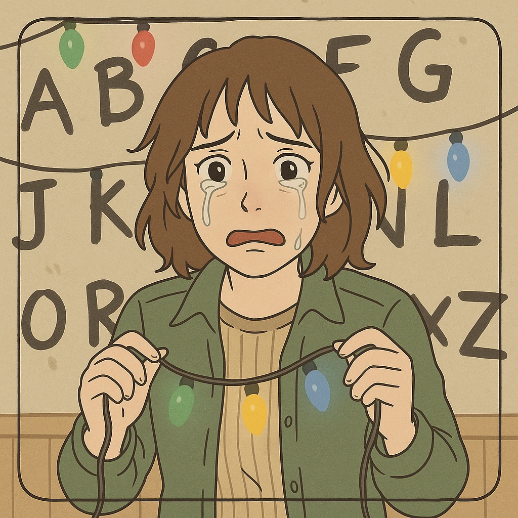 Joyce Byers trying to communicate with Will through Christmas lights on the wall, crying expression, holding the lights, simple line art, light pastel tones, thick outlines, Ghibli style, 1:1 format emoji