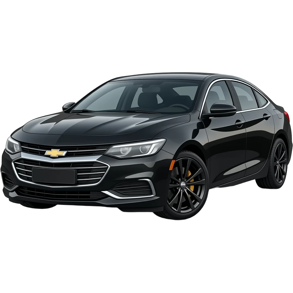 A realistic, high-detail photograph of a glossy black Chevrolet Malibu 2 Turbo Premier sedan with tinted windows, bright LED white headlights emitting a dinamic brighting glowing effect and black alloy rims. emoji