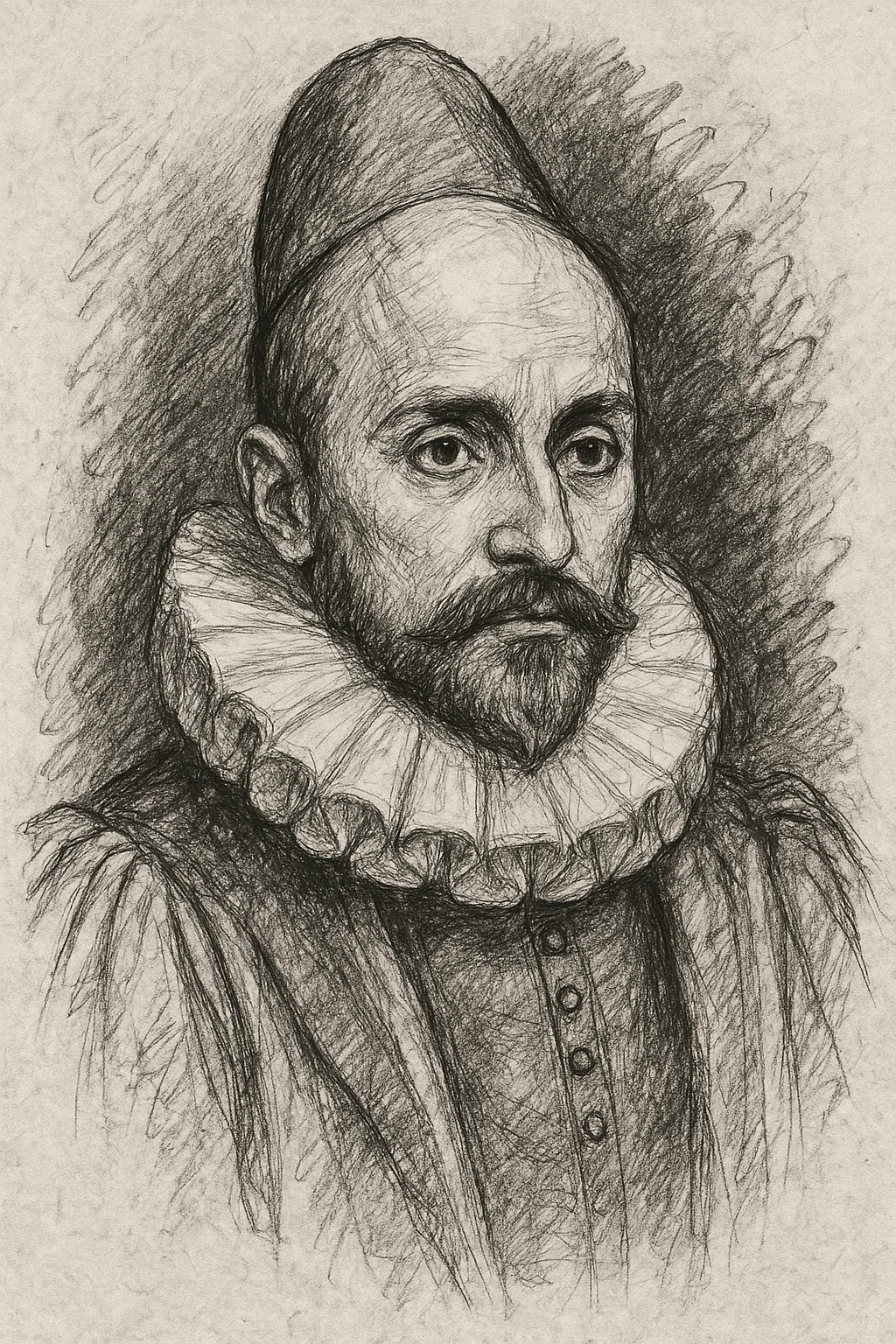 a hand drawn black outline portrait of philosopher Montaigne with similar-sized eyes based a famous portrait of him emoji
