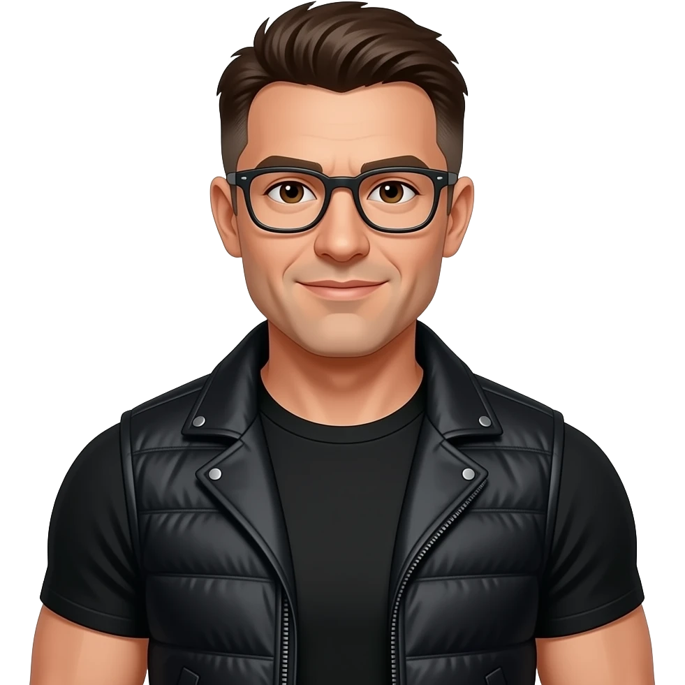 Brown hair, chistled jawline,  short back and sides haircut, 45 years old, glasses, black gilet, brown eyes, black round neck t shirt, sporty, muscular emoji