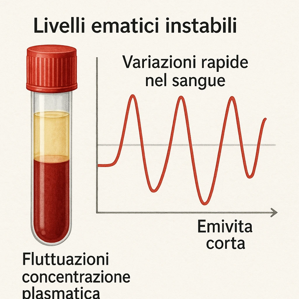 realistic medical illustration showing a blood test tube and a graph with rapidly rising and falling curves, representing 'Livelli ematici instabili' and 'Emivita corta'. Include Italian text in the image: 'Livelli ematici instabili', 'Emivita corta', 'Variazioni rapide nel sangue', 'Fluttuazioni concentrazione plasmatica'. Clear and informative style. emoji