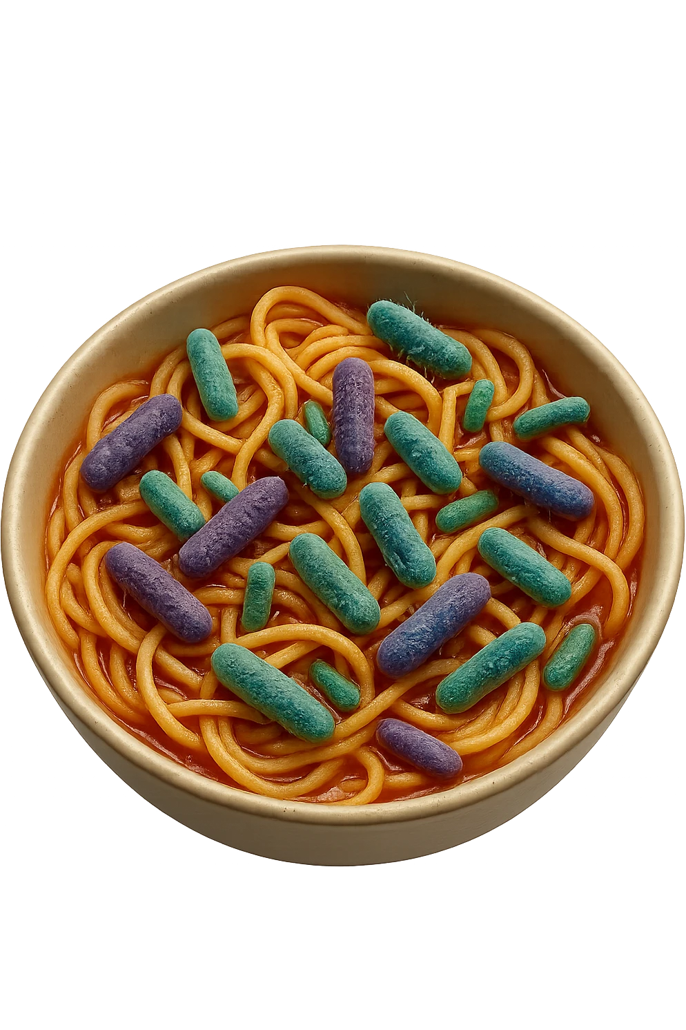 BOWL DI PASTA CON BATTERI INTESTINALI DENTRO, iperrealistico 4k emoji