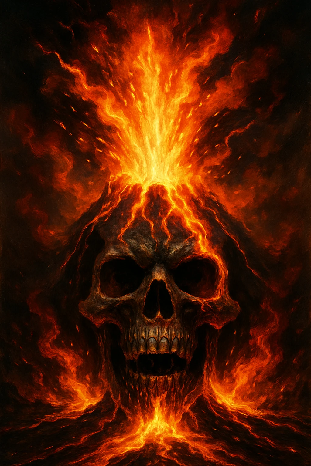 skull head erupting like a volcano, lava blasting from the top, dramatic and bold, intense volcanic eruption, fiery lava, dynamic energy emoji