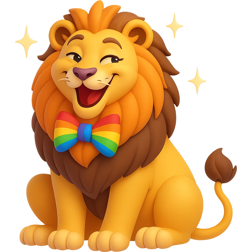 Make the proud and posh lion funny and flamboyantly gay, featuring a rainbow bowtie, sparkles, and a playful expression, in the style of 3D emoji with no background. emoji