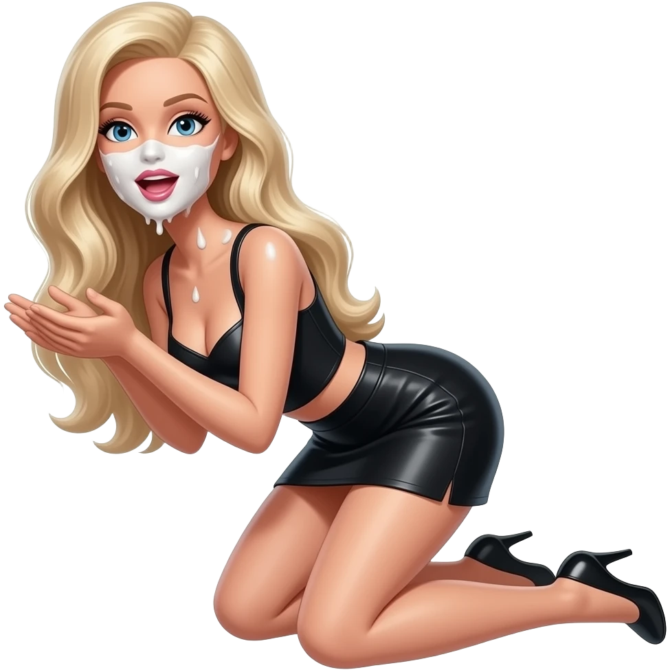 Slutty Barbie in black mini skirt and stayups on her knees open mouth sexy with lots of white cum on her face emoji