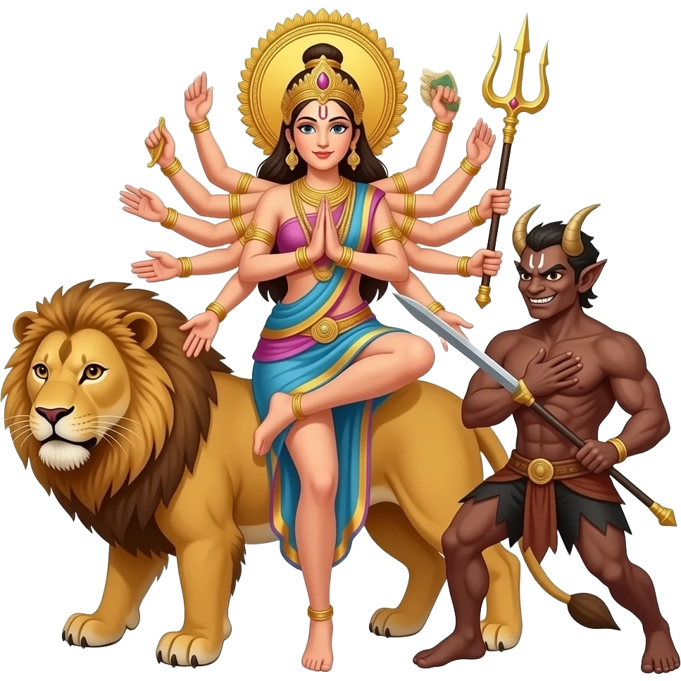 Create an emoji of a goddess with ten hands standing with one leg on a lion's back and another leg on a brownish demon and the goddess is stabbing him in his chest with a trident with her two front arms emoji