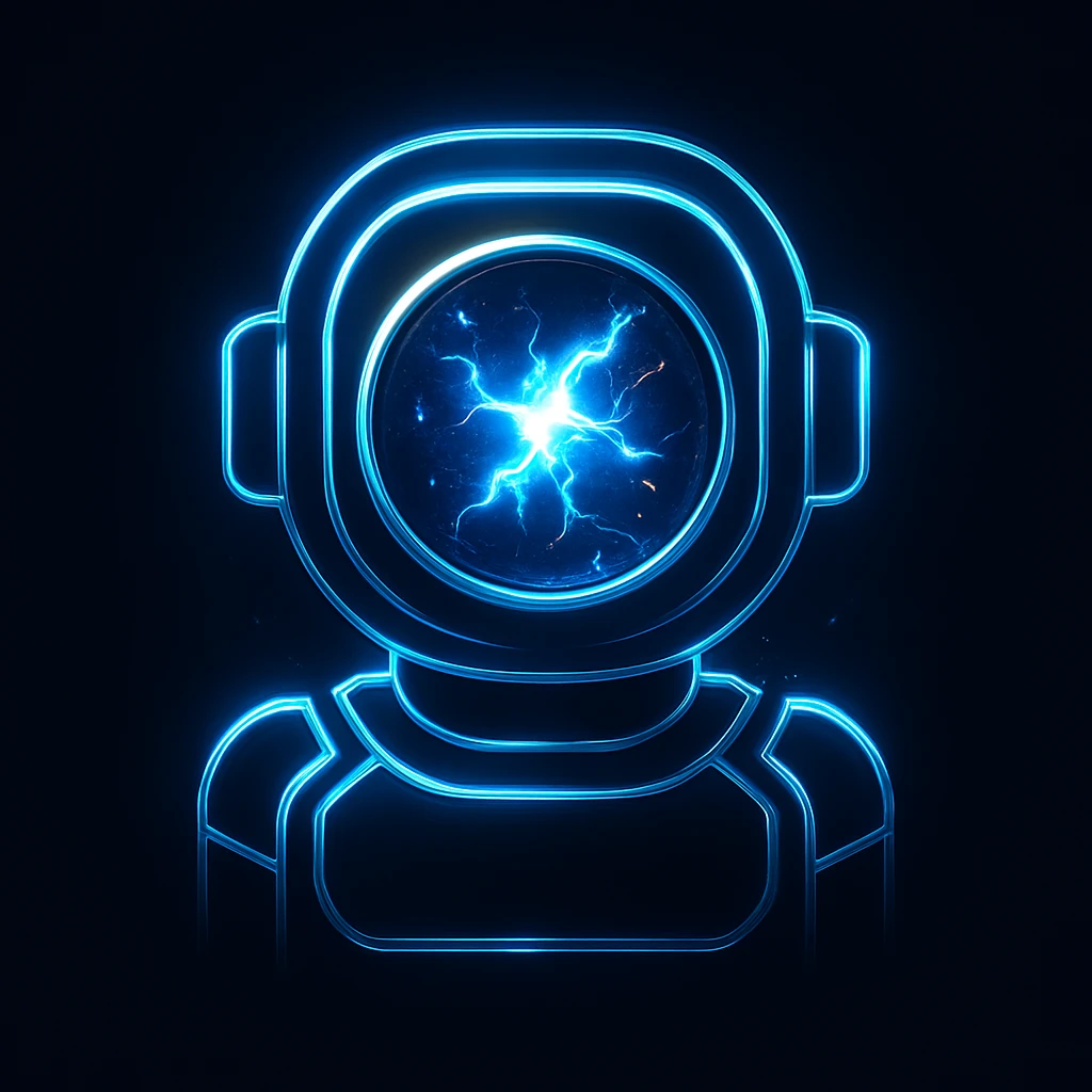 Futuristic AI assistant icon, glowing core with lightning and spark effects, sleek metallic neon tech lines, premium bold style, dark background, perfect for chat UI, 1:1 aspect ratio, no text emoji