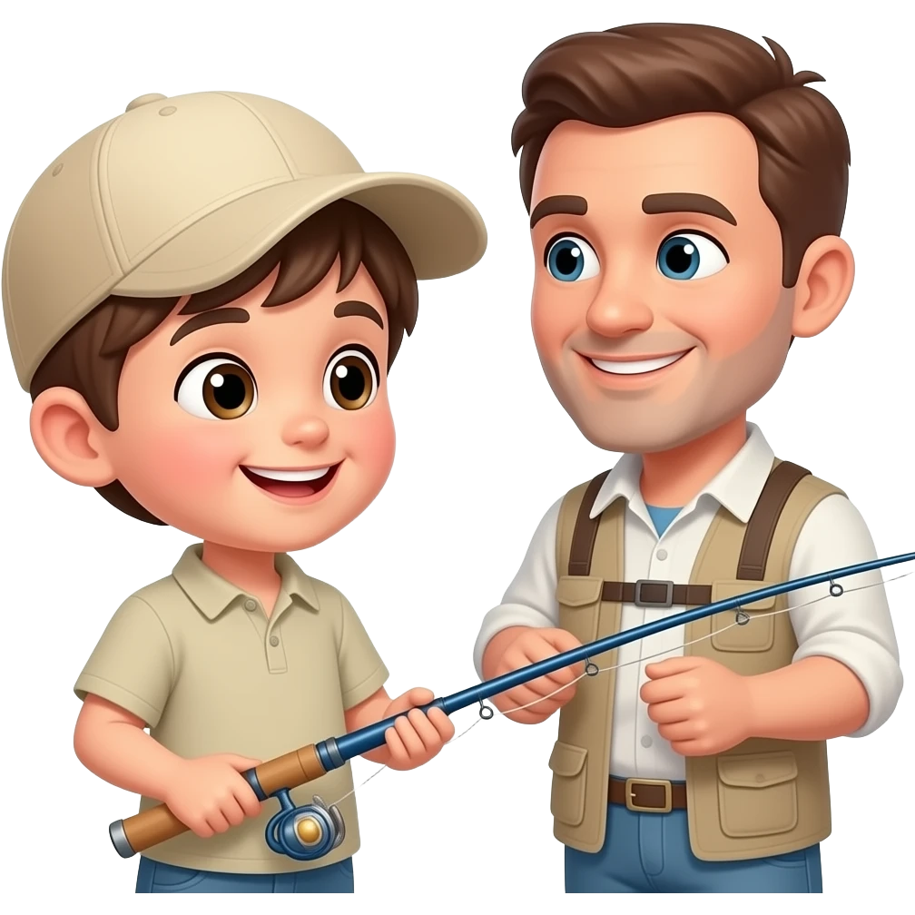 a kid with beige baseball  hat and shirt on smiling at his dad while holding a fishing rod emoji