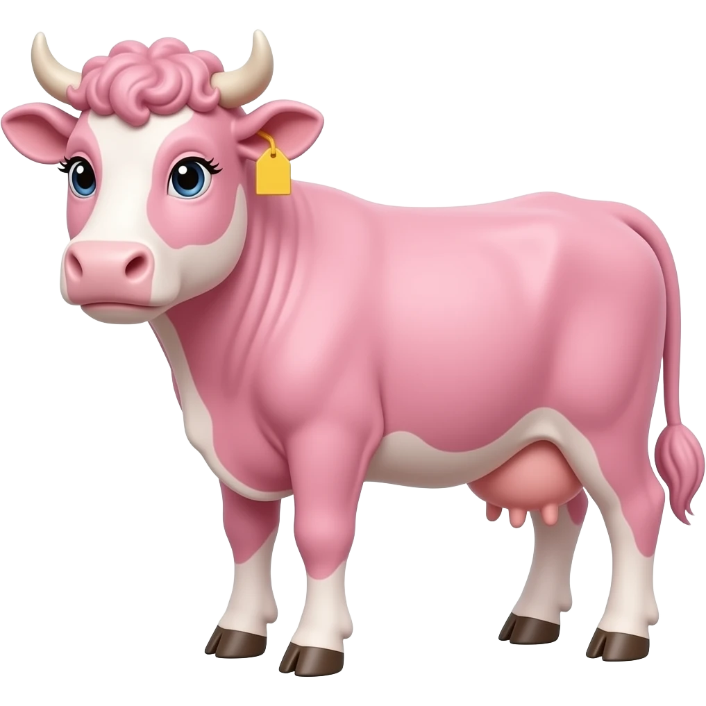 highly detilsed adult cotton-pink cow with curly bangs WHITE eylashes with a yellow tag in the ear emoji
