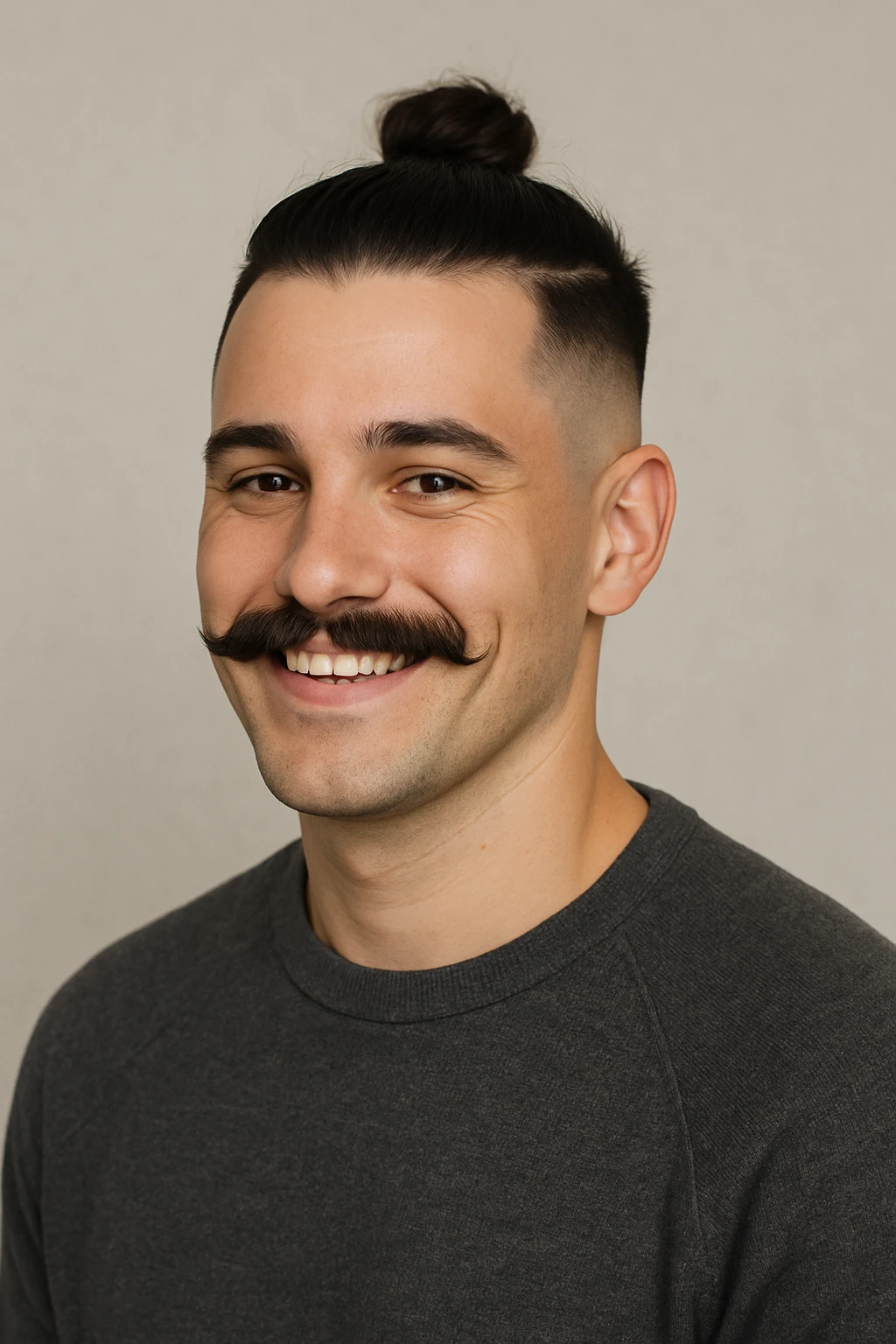 guy with a moustache and a man bun, low taper fade haircut, smiling, neutral background emoji