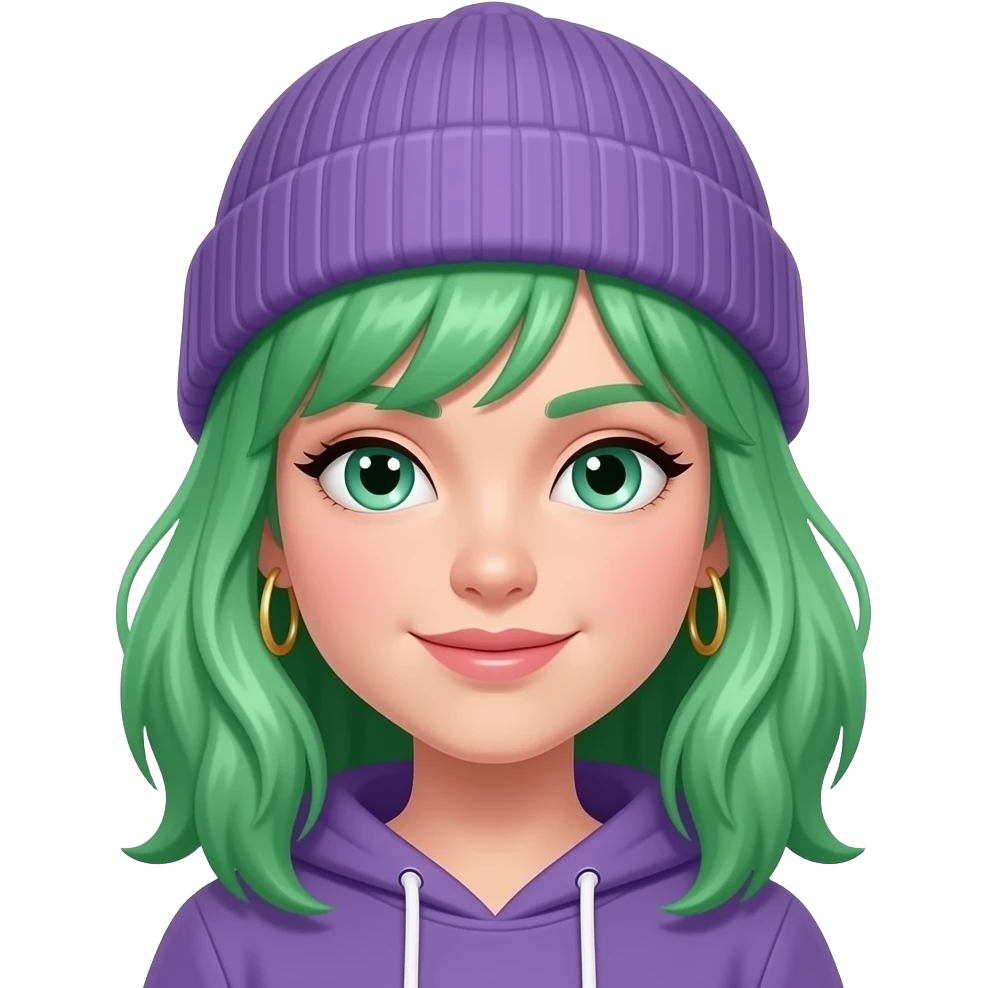 very green haired girl with purple beanie and earrings emoji