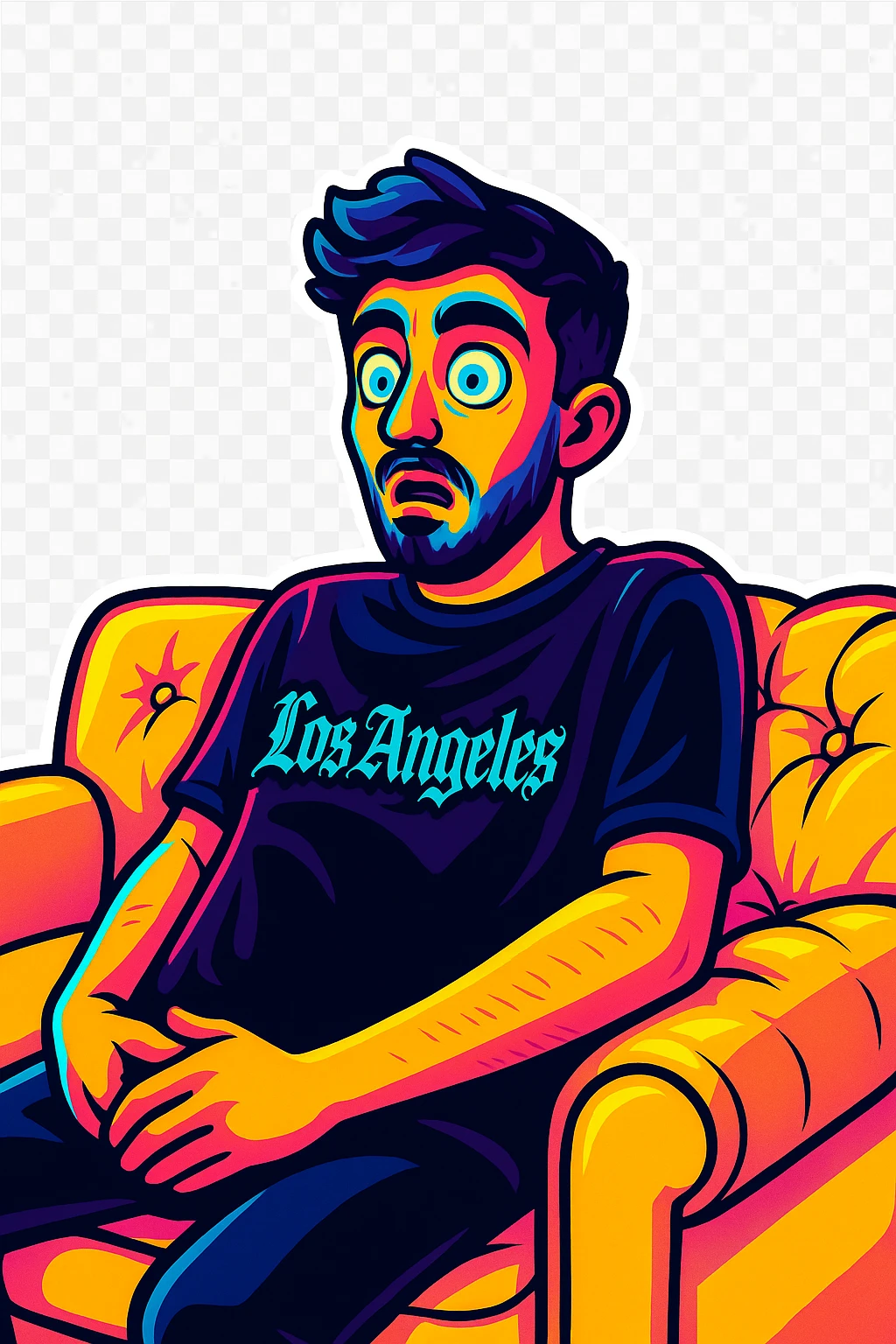 Convert the photo to a cartoon sticker in the style of Flux Pro with a surprised expression and transparent background. The style should reflect the vibrant and pop colors typical of Flux Pro cartoon stickers. emoji