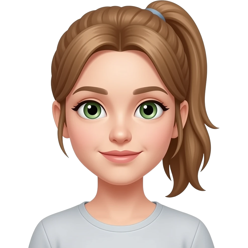 Una niña piel blanquita cara algo ovalada delgada ojos algo verdes cabello largo color café claro y con una coleta de caballo en el pelo emoji