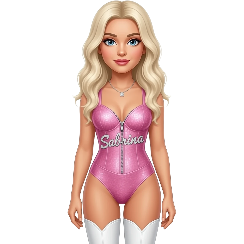 Sabrina Carpenter platinum blonde hair wearing a bubblegum pink sparkling bodysuit with a zipper and Sabrina written across it in rhinestones. She is wearing white leather boots emoji