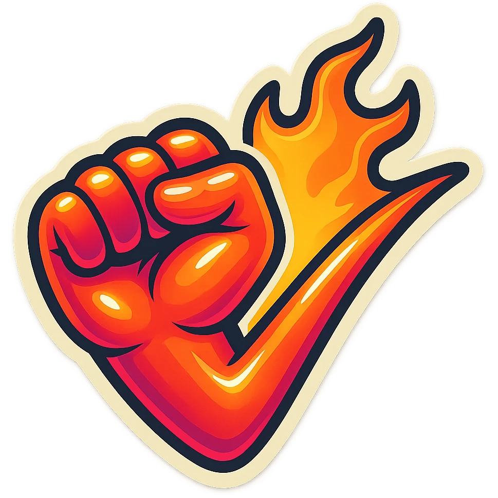 horizontal flaming fist, emoji, red vibrant neon gradient, sticker border white, matching reference file emoji