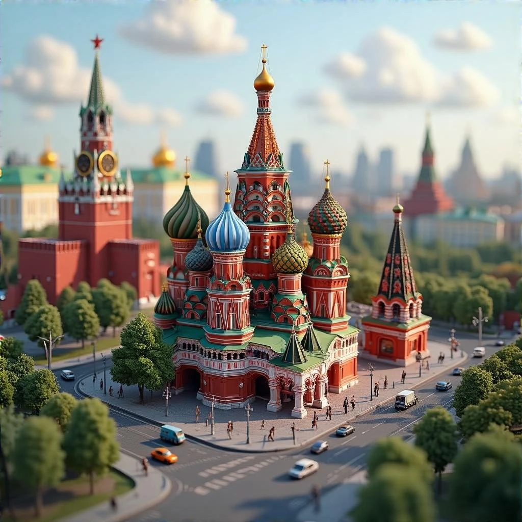 Изометричный миниатюрный 3D-город с узнаваемыми достопримечательностями Москвы - Кремль, собор Василия Блаженного, Сити,  аккуратная детализация, мультяшный реализм, компактная композиция,  вид сверху в изометрии emoji