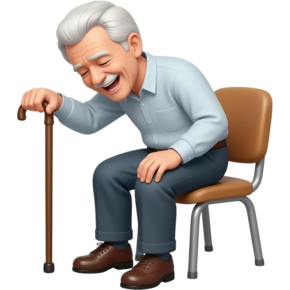 side view of an old man sitting in a chair holding a walking stick laughing with his head bent down and his hand slapping his knee. emoji