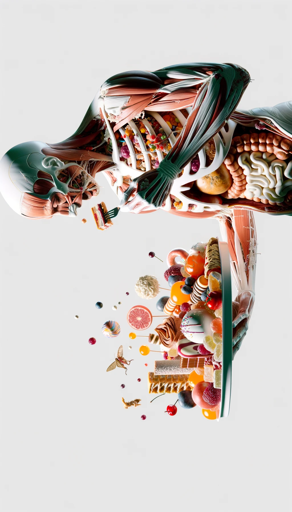 corpo umano anatomico in piedi a figura intera che si abbuffa di dolci e zuccheri, iperrealistico 4k, isolato su sfondo bianco emoji
